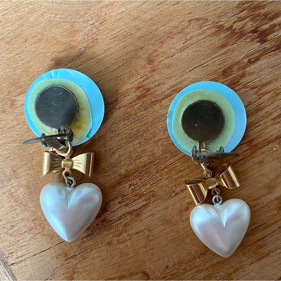 Redesigned blue opalescent clip on earrings with bow and faux pearl heart dangle - Picture 12 of 13